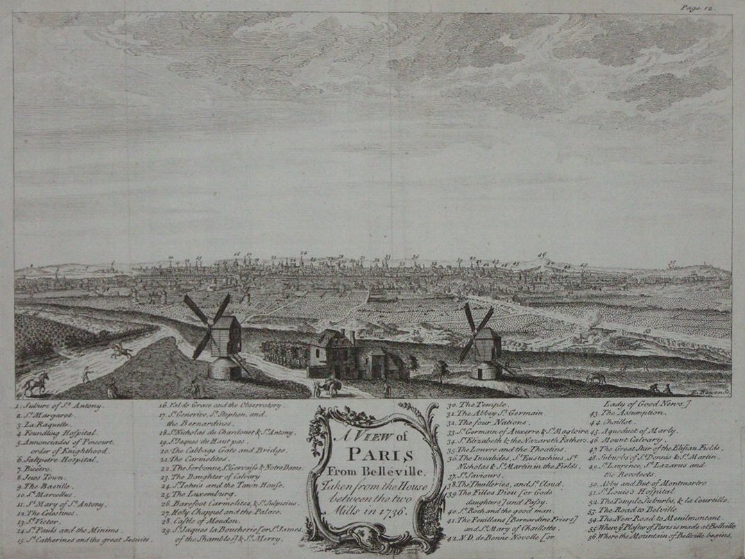 Print - A View of Paris from Belleville. Taken from the House between the two Mills in 1736 - Bowen